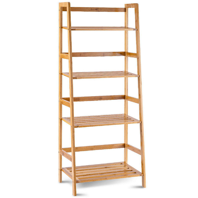 Costway Multifunctional 4 Shelf Bamboo Bookcase Ladder Plant Flower Stand Rack Storage Image