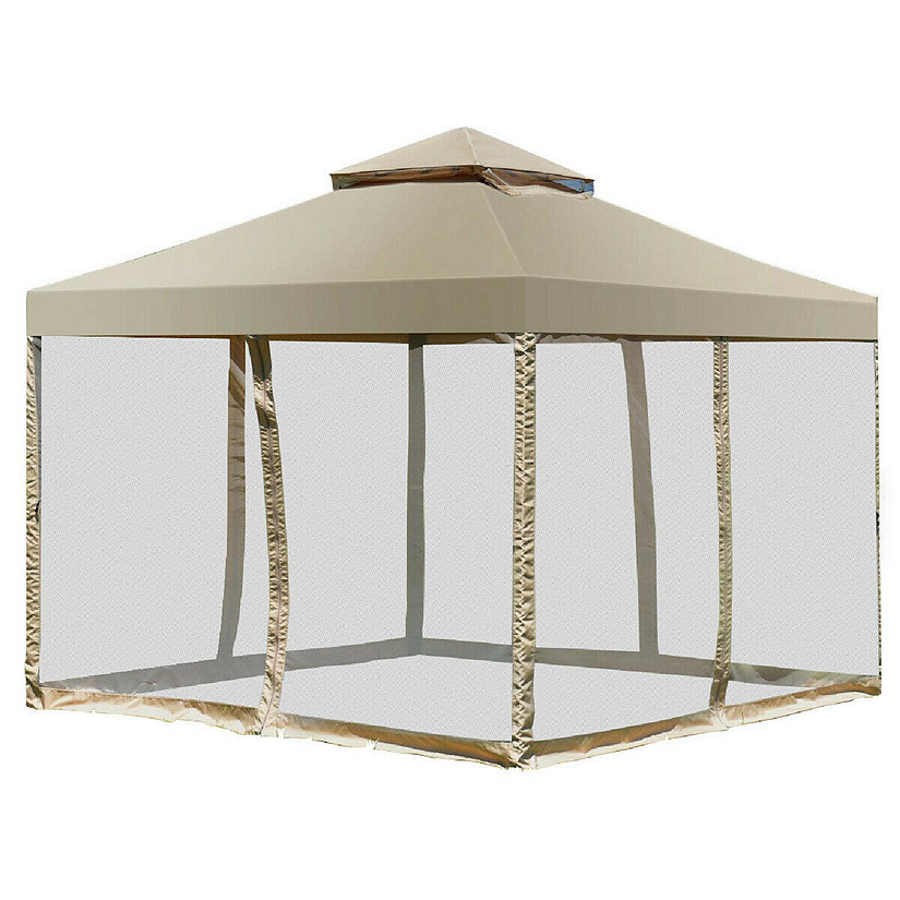 Costway Outdoor 2-Tier 10'x10' Gazebo Canopy Shelter Awning Tent Patio Garden Screw-free structure Brown Image