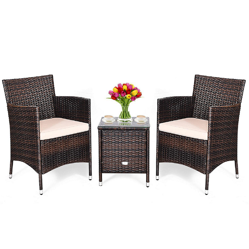 Costway Outdoor 3 PCS PE Rattan Wicker Furniture Sets Chairs  Coffee Table Garden Beige Image