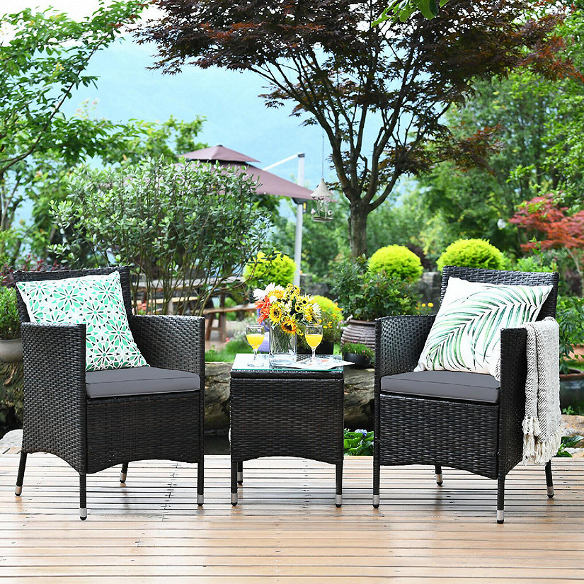 Costway Outdoor 3 PCS PE Rattan Wicker Furniture Sets Chairs  Coffee Table Garden Gray Image