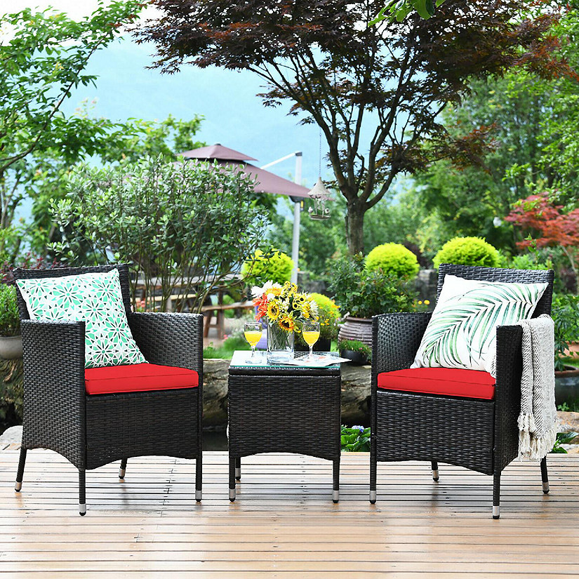 Costway Outdoor 3 PCS PE Rattan Wicker Furniture Sets Chairs  Coffee Table Garden Red Image