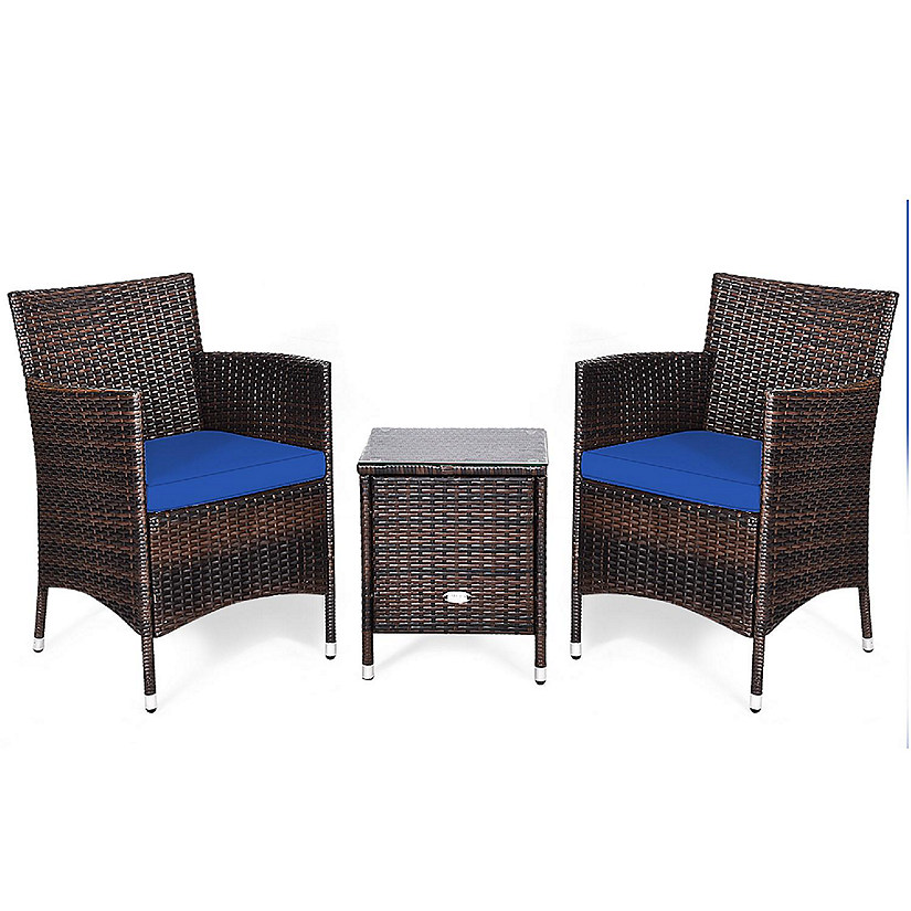 Costway Outdoor 3 PCS Rattan Wicker Furniture Sets Chairs Coffee Table Garden Navy Image