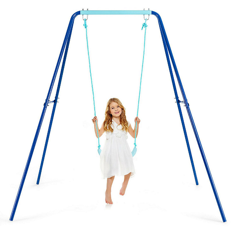 Costway Outdoor Kids Swing Set Heavy Duty Metal A-Frame w/ Ground Stakes Blue Image
