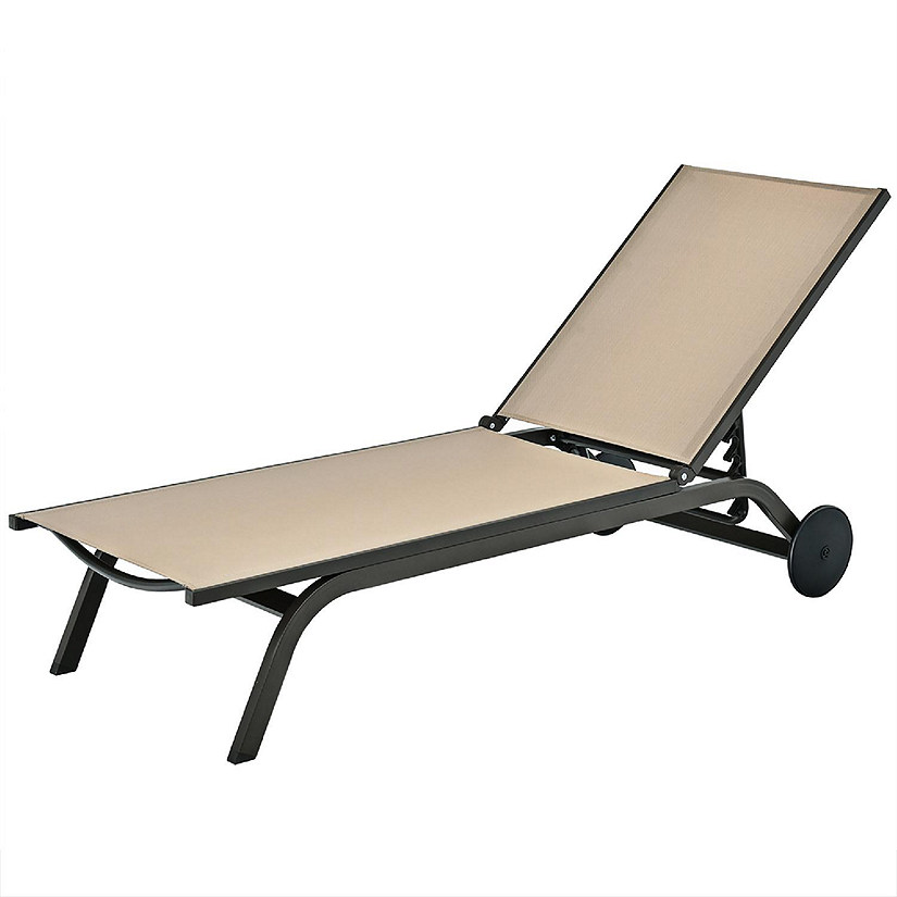 Costway Outdoor Patio Lounge Chair Chaise Reclining Aluminum Fabric Adjustable Brown Image