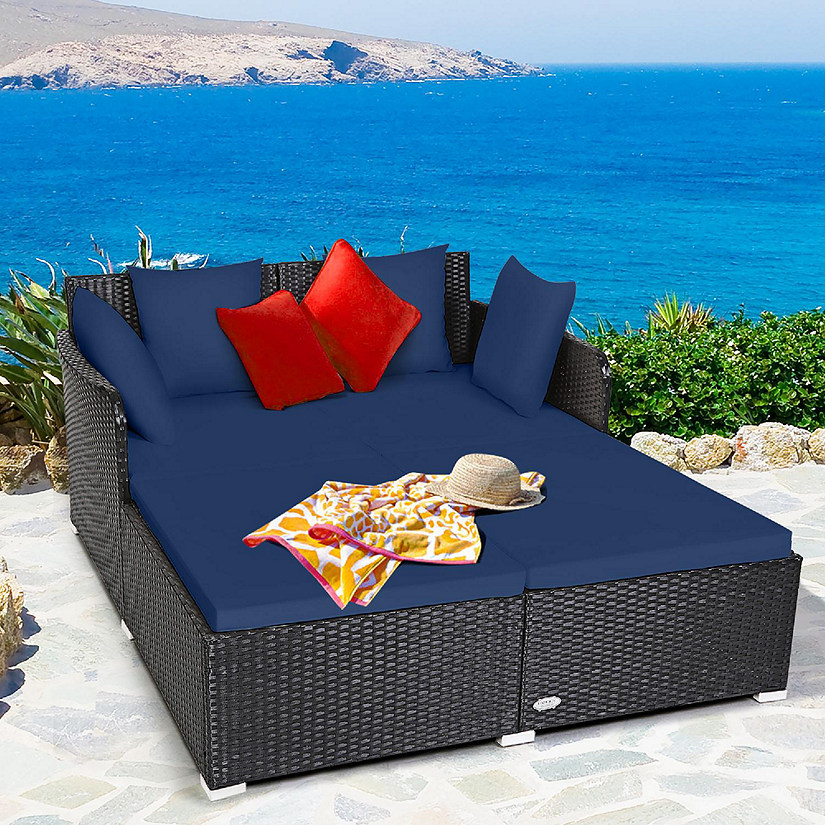 Costway Outdoor Patio Rattan Daybed Pillows Cushioned Sofa Furniture Navy Image