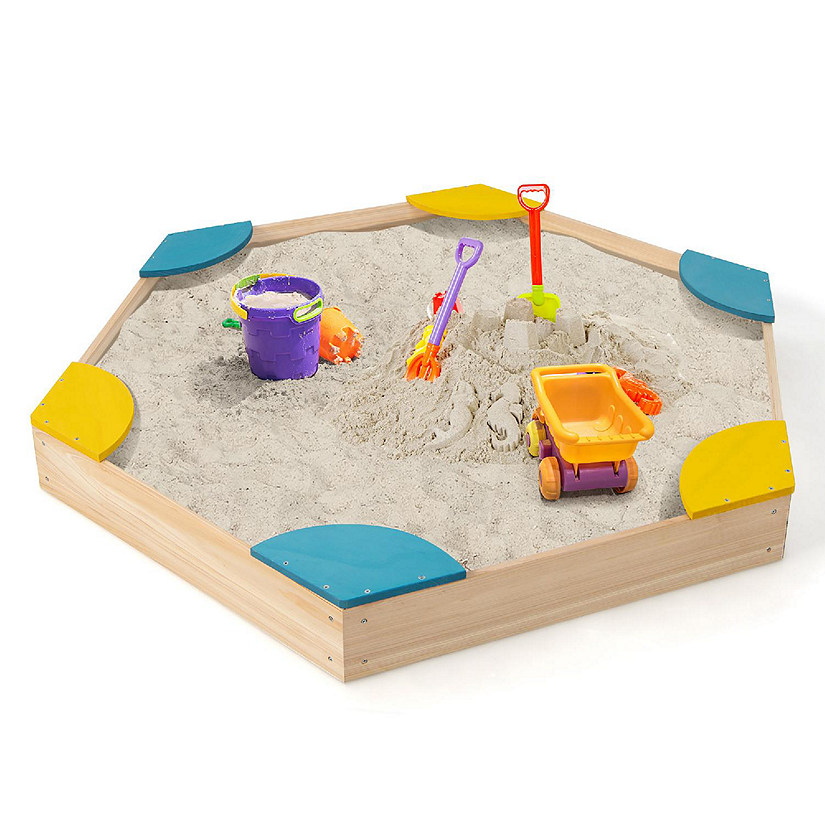 Costway Outdoor Wooden Sandbox with Seats Backyard Bottomless Sandpit for Kids Aged 3+ Image