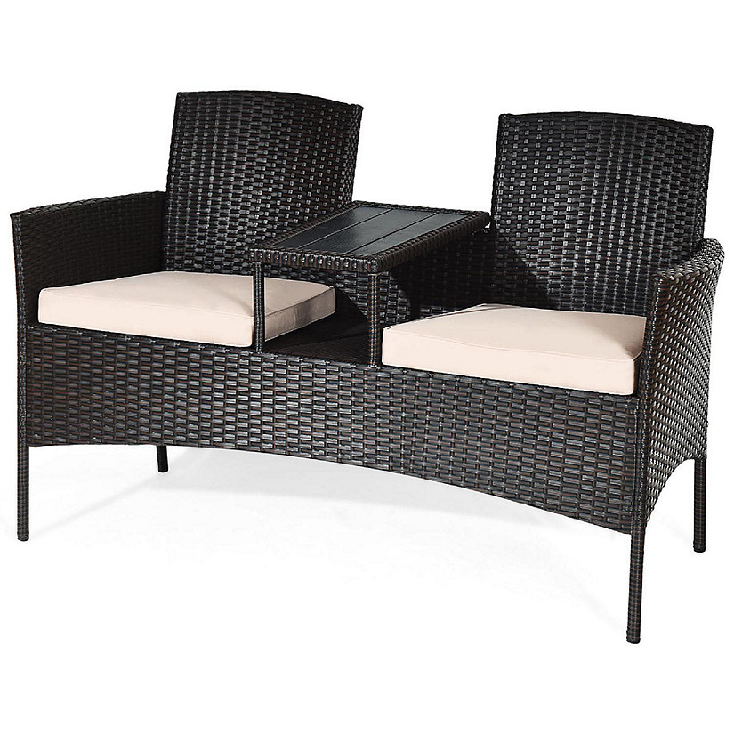 Costway Patented Patio Rattan Conversation Set Loveseat Sofa Cushioned Coffee Table Mix Brown Image
