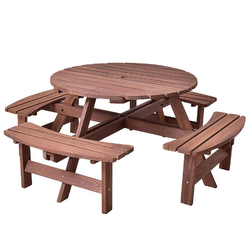 Costway Patio 8 Seat Wood PicnicTable Beer Dining Seat Bench Set Pub Garden Yard Image