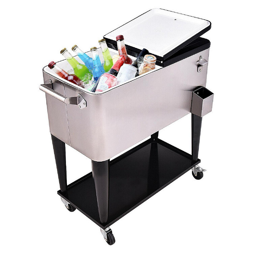 Costway Patio Cooler Rolling Outdoor Stainless Steel Ice Beverage Chest Pool 80 Quart Image