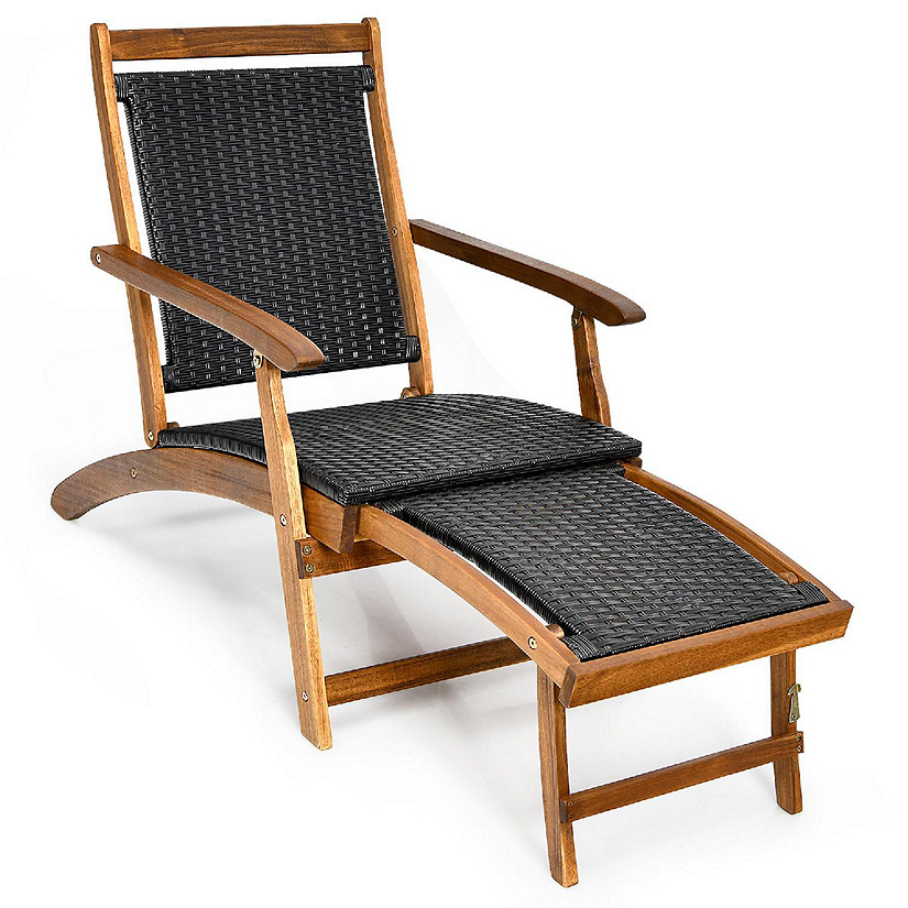 Costway  Patio Folding Rattan Lounge Chair Wooden Frame W/ Retractable Footrest Image