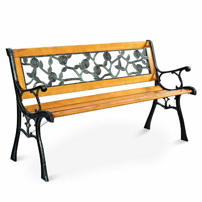 Costway Patio Park Garden Bench Porch Chair Outdoor Deck Cast Iron Hardwood Rose Image