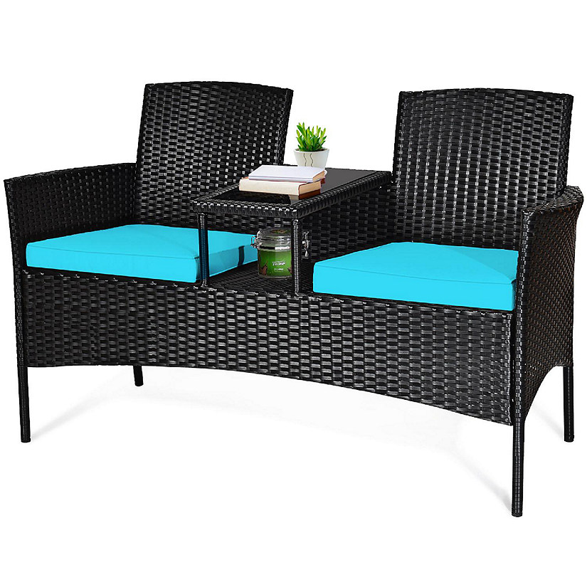 Costway Patio Rattan Conversation Set Seat Sofa Cushioned Loveseat Chairs Turquoise Image