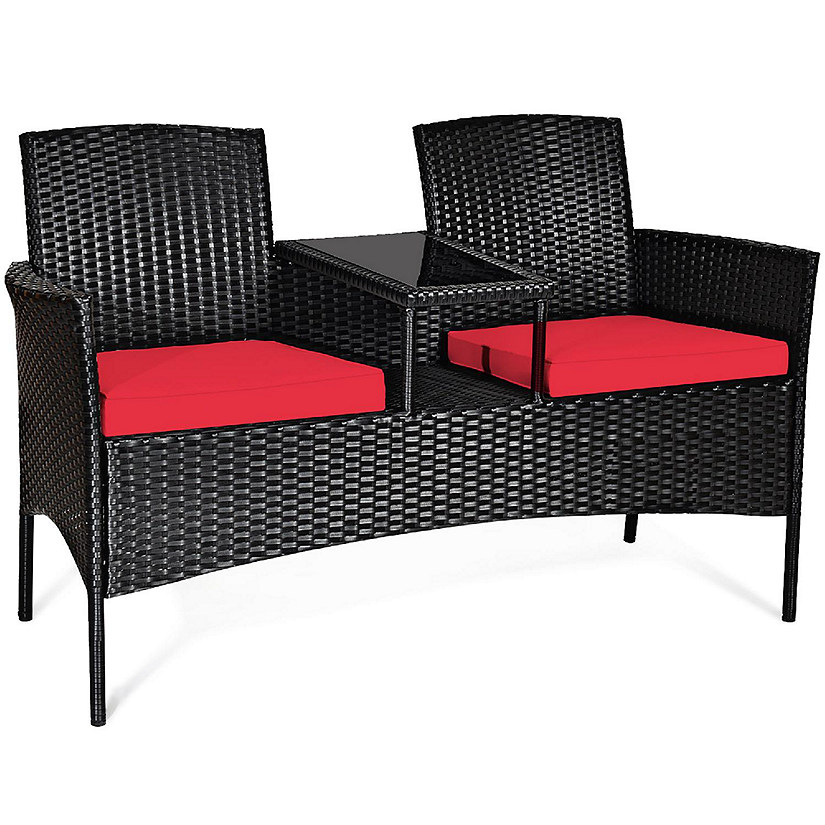 Costway Patio Rattan Conversation Set Seat Sofa Cushioned Loveseat Glass Table Chair Red Image