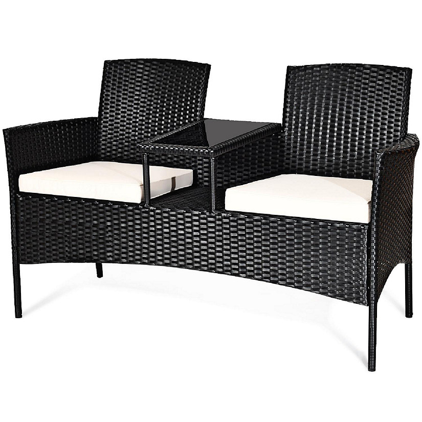 Costway Patio Rattan Conversation Set Seat Sofa Cushioned Loveseat Glass Table Chairs Image