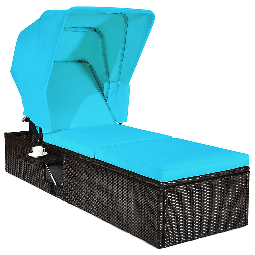 Costway Patio Rattan Lounge Chair Chaise Cushioned Top Canopy Adjustable Turquoise Image