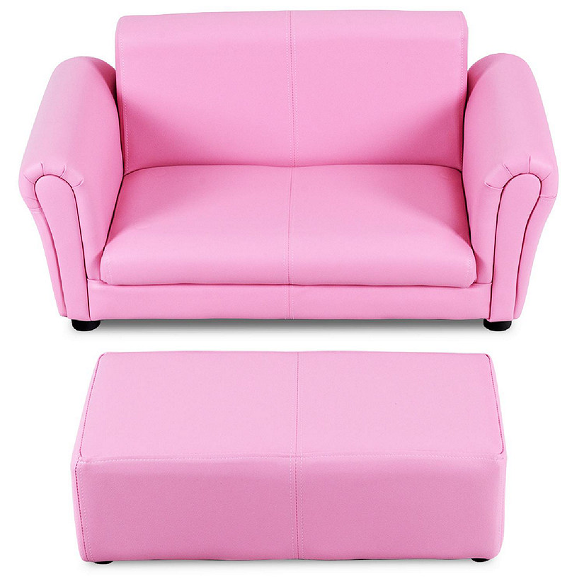 Costway Pink Kids Sofa Armrest Chair Couch Lounge Children Birthday Gift w/ Ottoman Image