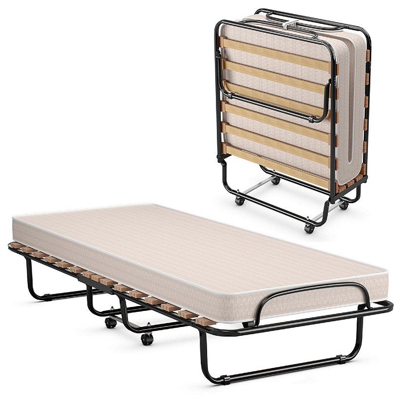 Costway Portable Folding Bed with Mattress Rollaway Cot Beige
