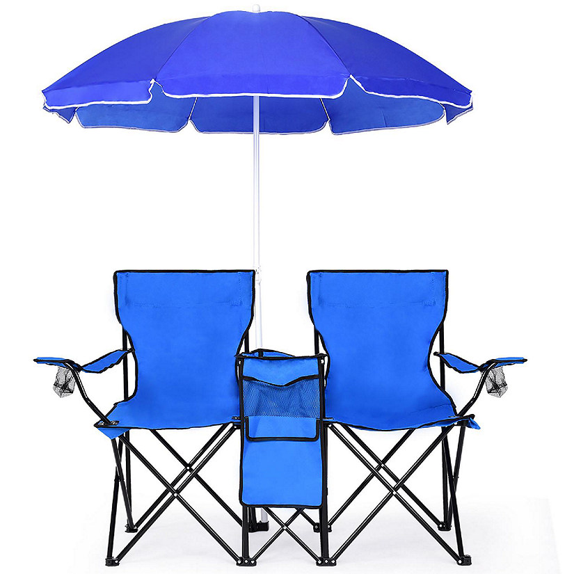 Costway Portable Folding Picnic Double Chair W/Umbrella Table Cooler Beach Camping Chair Image