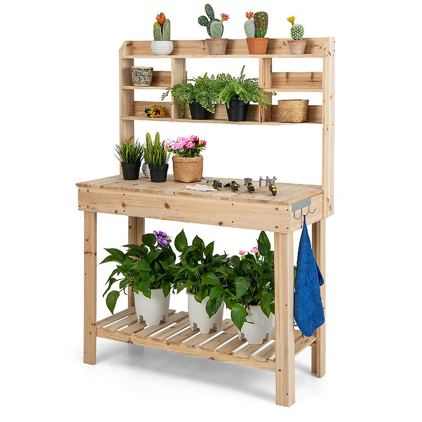 Costway Potting Bench Table Wooden Garden Work Bench Platform with ...