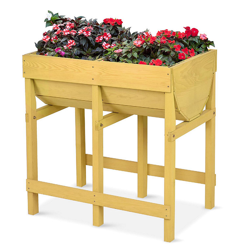 Costway Raised Wooden V Planter Elevated Vegetable Flower Bed Free Standing Planting with liner Image