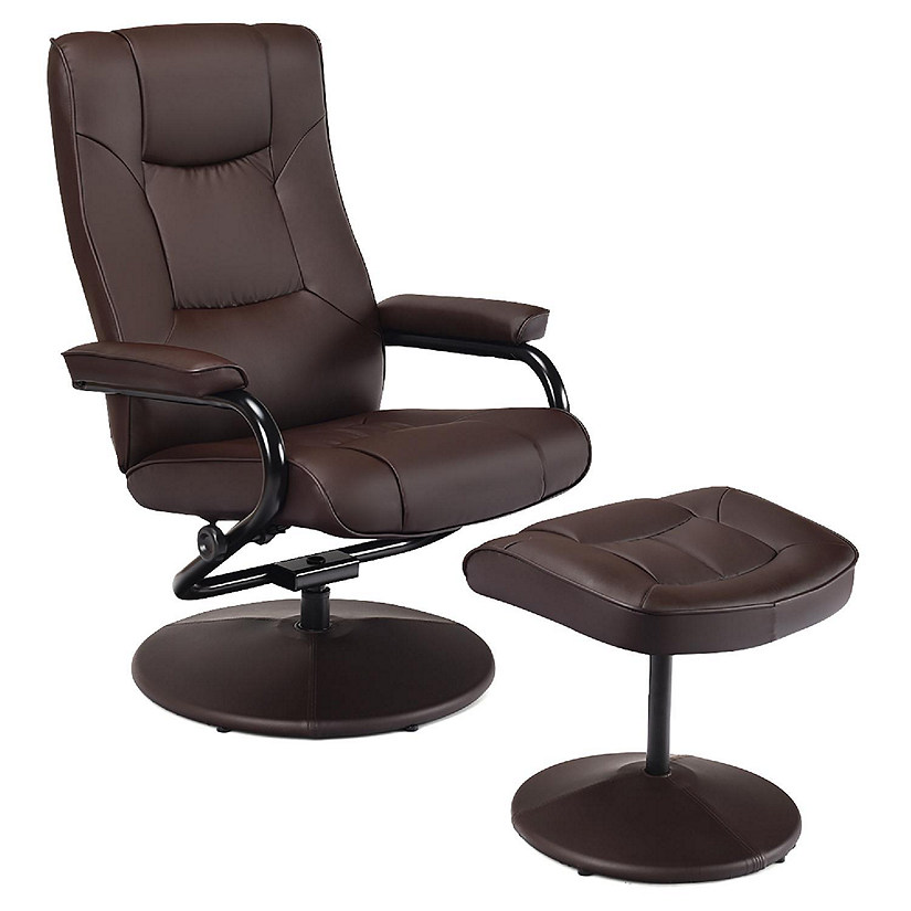 Costway Recliner Chair Swivel PU Leather Lounge Accent Armchair w/ Ottoman Brown Image