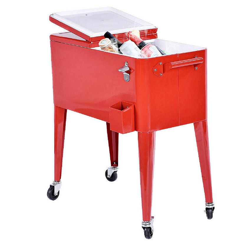 Costway Red Outdoor Patio 80 Quart Cooler Cart Ice Beer Beverage Chest Party Portable Image