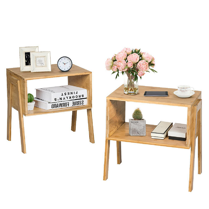 Costway Set of 2 Bamboo Nightstand Stackable Sofa Table Bedside Table with Storage Shelf Image