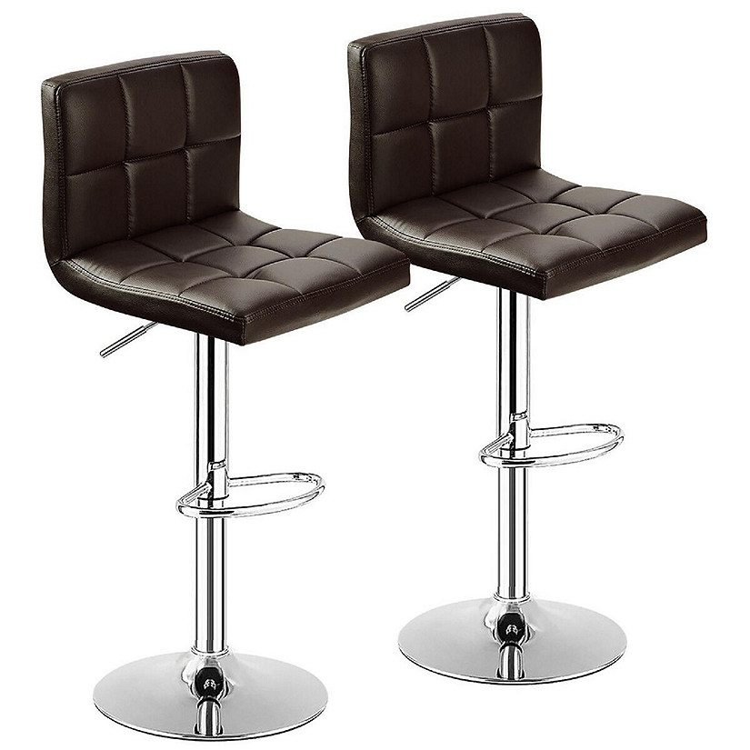 Costway Set of 2 Bar Stools Adjustable PU Leather Swivel Kitchen Counter Bar Chair Brown Image