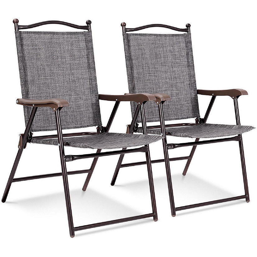 Costway Set of 2 Patio Folding Sling Back Chairs Camping Deck Garden Beach Gray Image