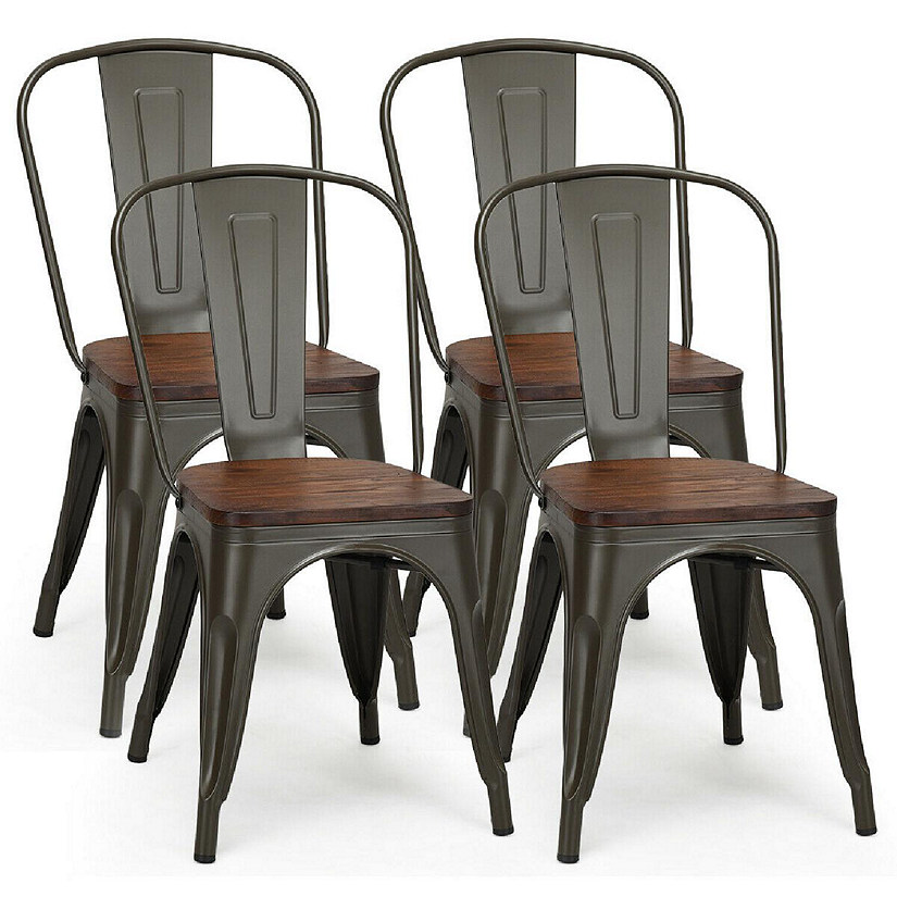Costway Set of 4 Style Metal Dining Side Chair Wood Seat Stackable Bistro Cafe Image