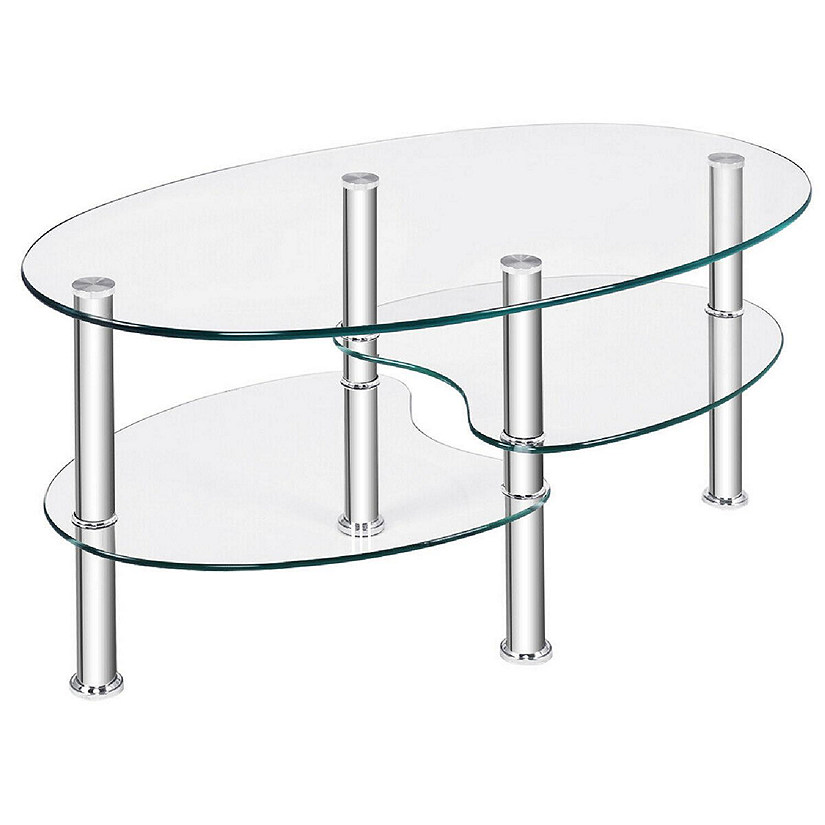 Costway Tempered Glass Oval Side Coffee Table Shelf Chrome Base Living Room Clear Image