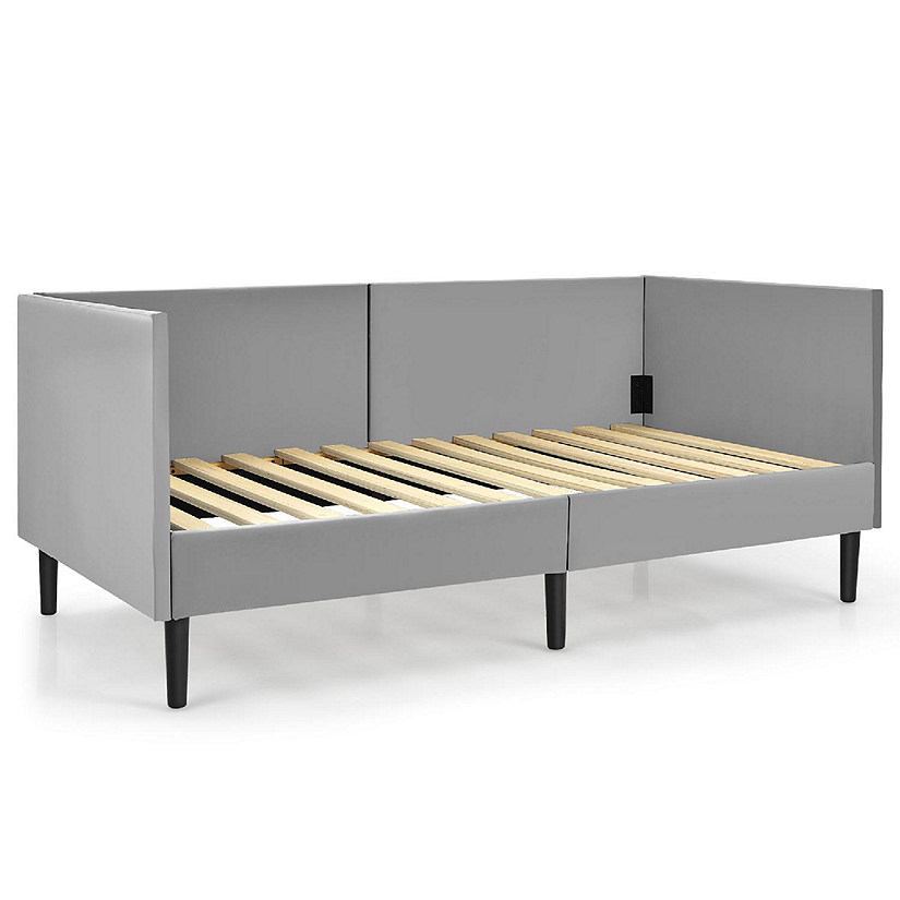 Costway Twin Daybed Upholstered Linen Wooden Sofa Bed Frame Heavy Duty Living Room Grey Image