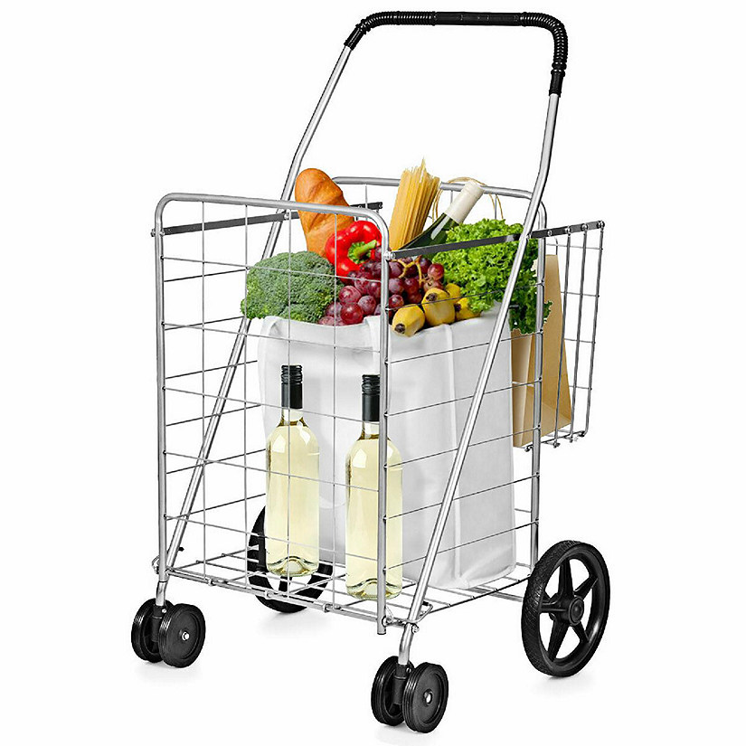 Costway Utility Shopping Cart Foldable Jumbo Basket Outdoor Grocery Laundry Silver Image