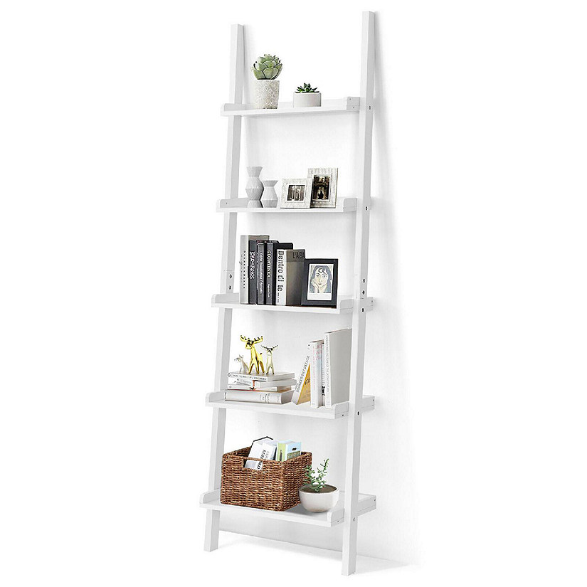 Costway Versatile White 5-Tier Bookshelf Leaning Wall Shelf Ladder  Bookcase Storage Display Furni Image