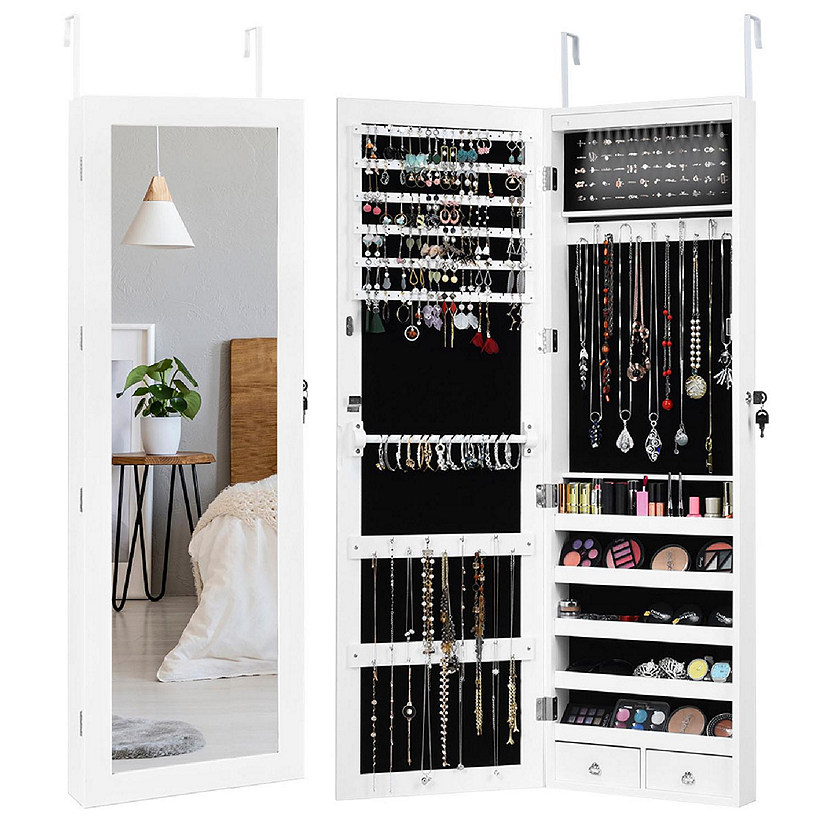 Costway Wall Door Mounted Mirror Jewelry Cabinet Organizer w/LED Light Image