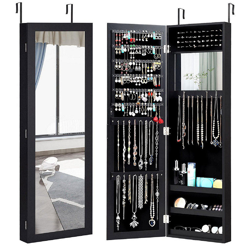 Costway Wall Door Mounted Mirrored Jewelry Cabinet Storage Organizer-Black Image