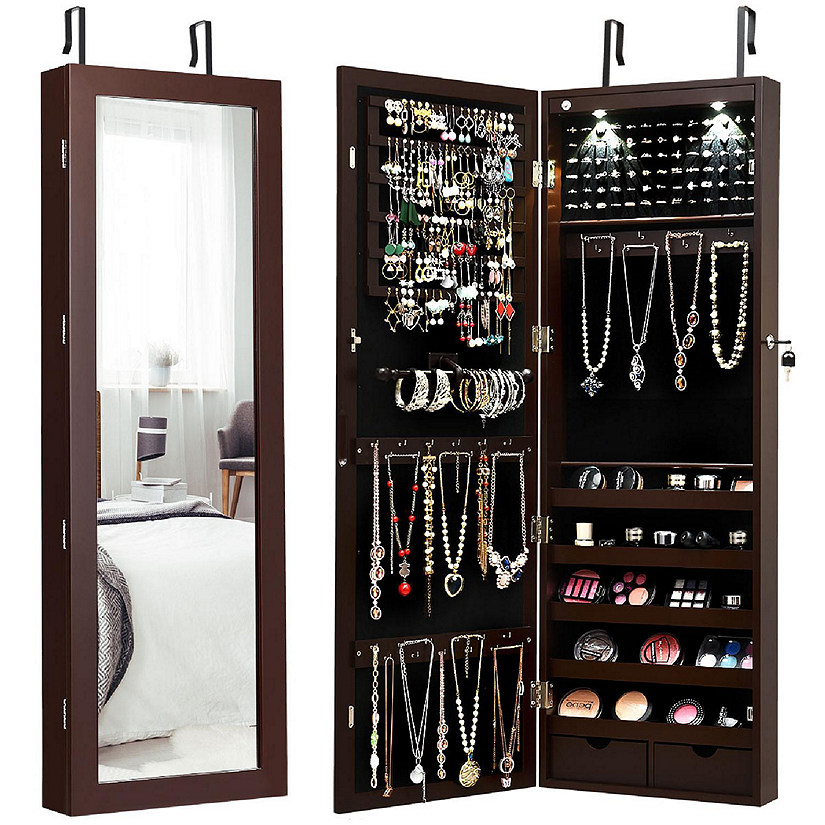 Costway Wall Mount Mirrored Jewelry Cabinet Organizer LED Lights Image