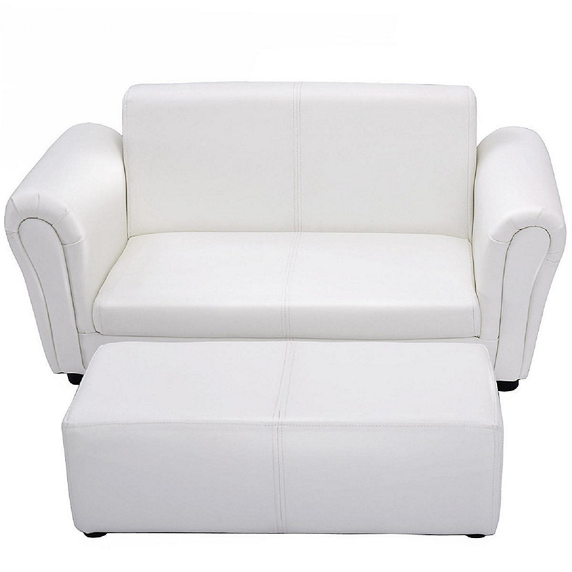 Costway White Kids Sofa Armrest Chair Couch Lounge Children Birthday Gift w/ Ottoman Image