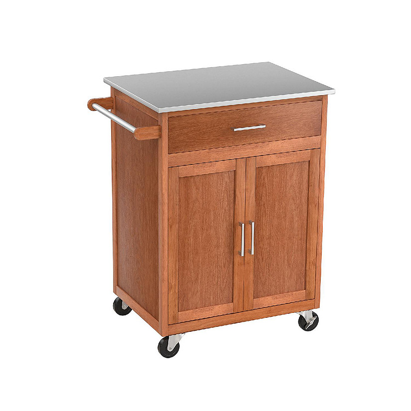 Costway Wood Kitchen Trolley Cart Stainless Steel Top Rolling Storage Cabinet Island Image