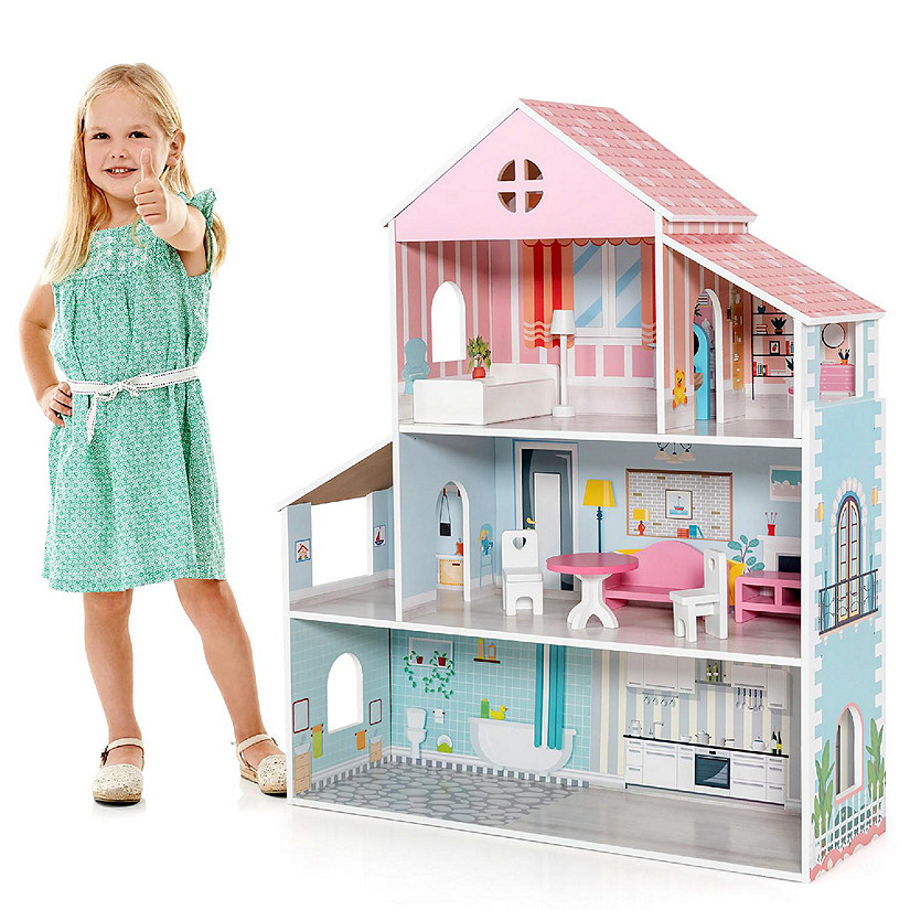 Costway Wooden Dollhouse For Kids 3-Tier Toddler Doll House W/Furniture Gift For Age 3+ Image