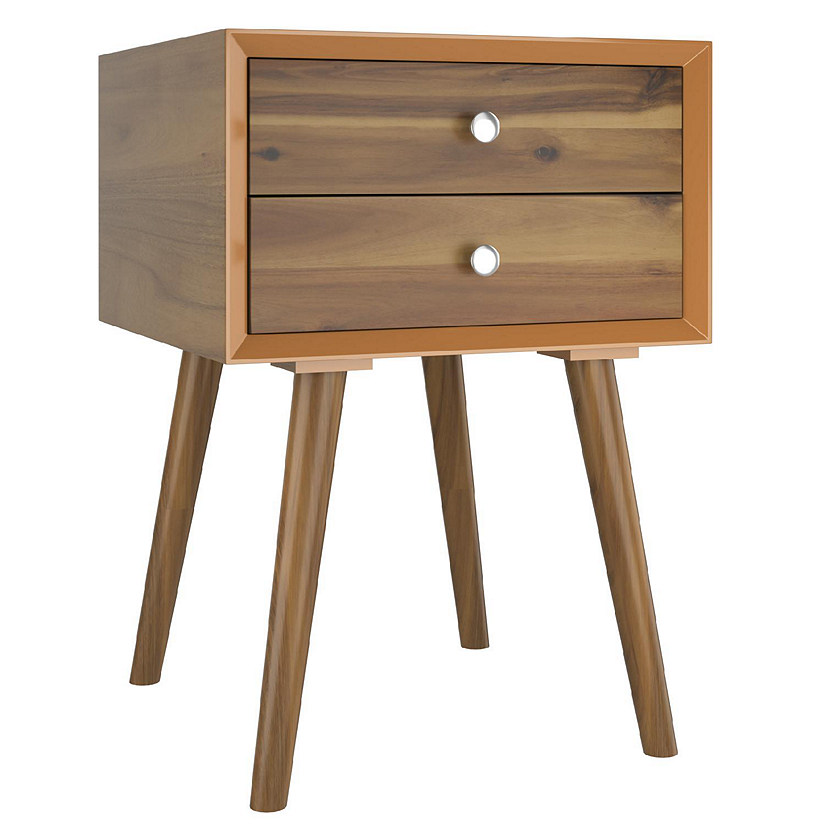 Costway Wooden Nightstand Mid-Century End Side Table Bedroom W/2 Storage Drawers Natural Image