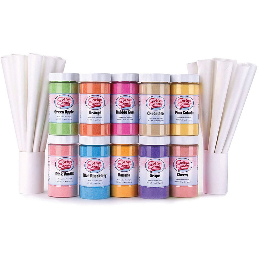 Cotton Candy Express 10-Count Floss Sugar Variety Kit with 100 Paper Cones, 11-Ounce Jars Image