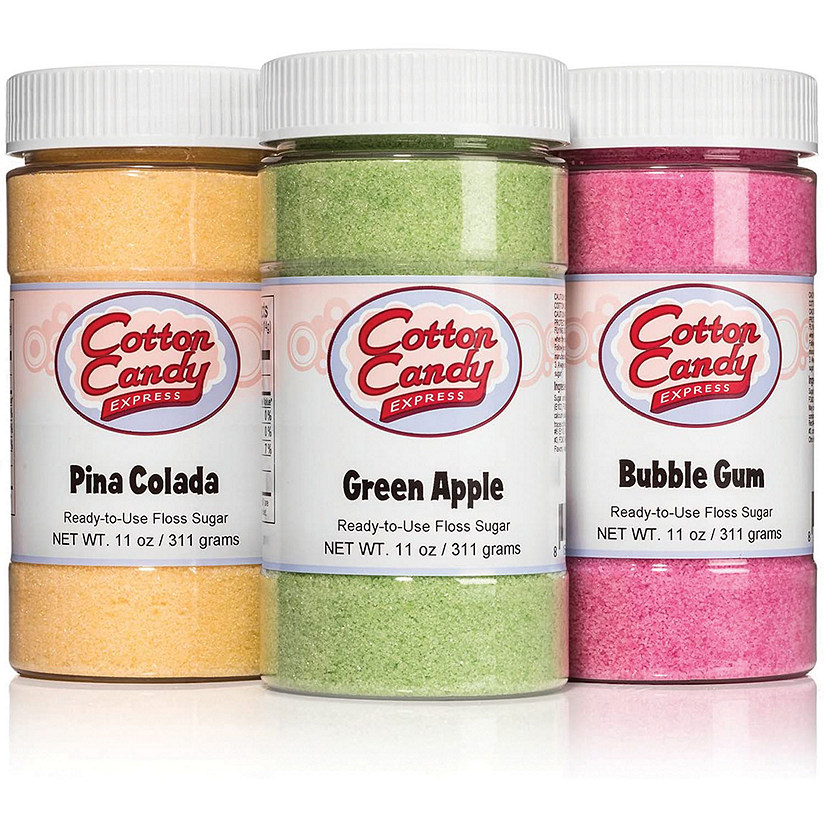Cotton Candy Express 3 Flavor Cotton Candy Sugar Pack with Bubble Gum, Green Apple, Pina Colada, 11-Ounce Jars Image