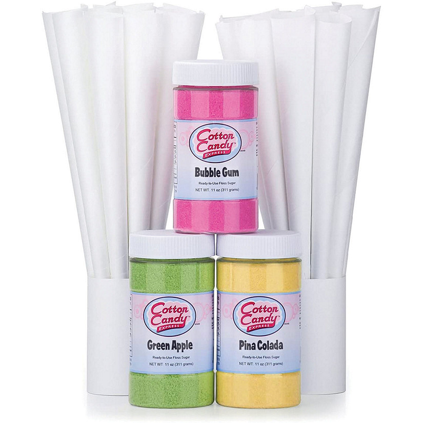 Cotton Candy Express 3 Flavor Cotton Candy Sugar Pack with Bubble Gum, Green Apple, Pina Colada,50 Paper Cones, 11-Ounce Jars Image