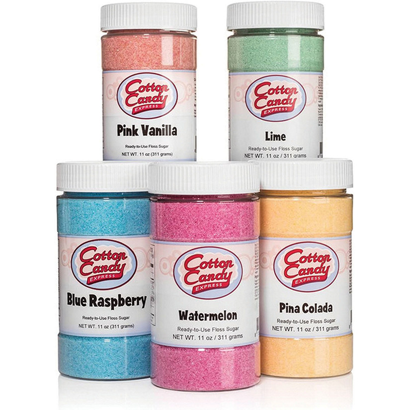 Cotton Candy Express 5 Flavor Cotton Candy Sugar Pack with Lime, Watermelon, Pina Colada, Blue Raspberry, Pink Vanilla, 11-Ounce Jars Image