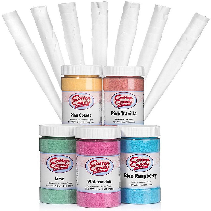 Cotton Candy Express 5 Flavor Floss Sugar Fun with Lime, Watermelon, Pina Colada, Blue Raspberry, & Pink Vanilla SugarCones Image
