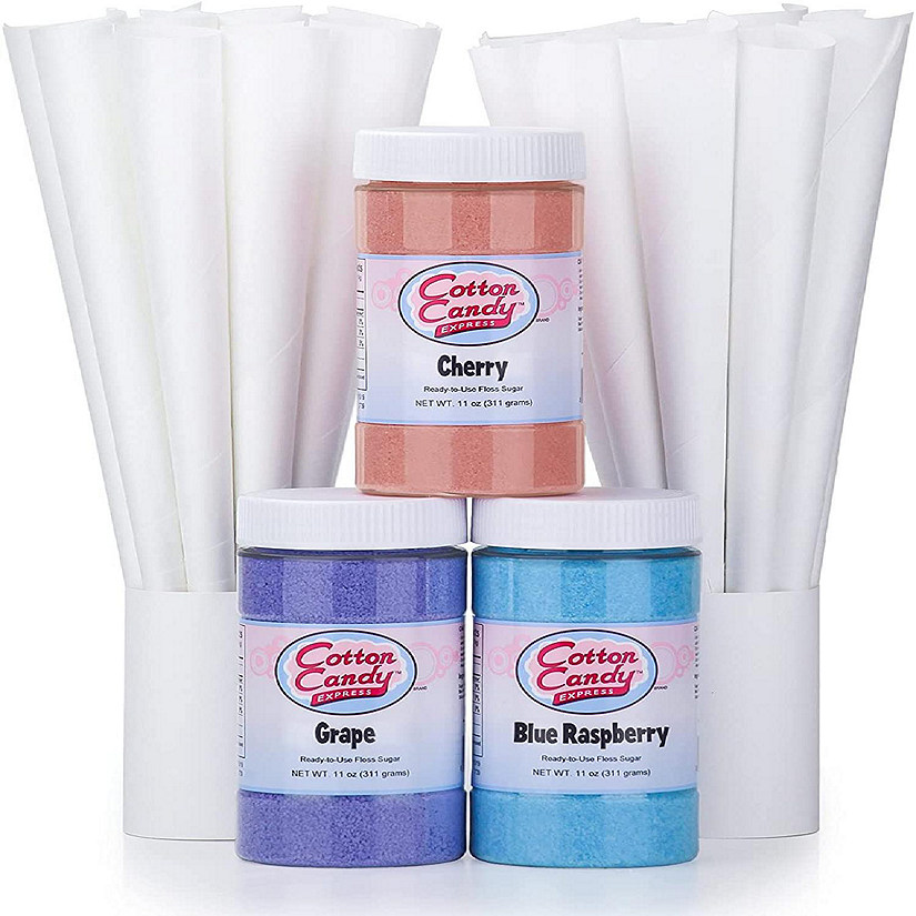 Cotton Candy Express Fun Kit Features Cherry, Blue Raspberry & Grape Floss Sugars (11 oz Each) &, 3 Flavors with Cones Image