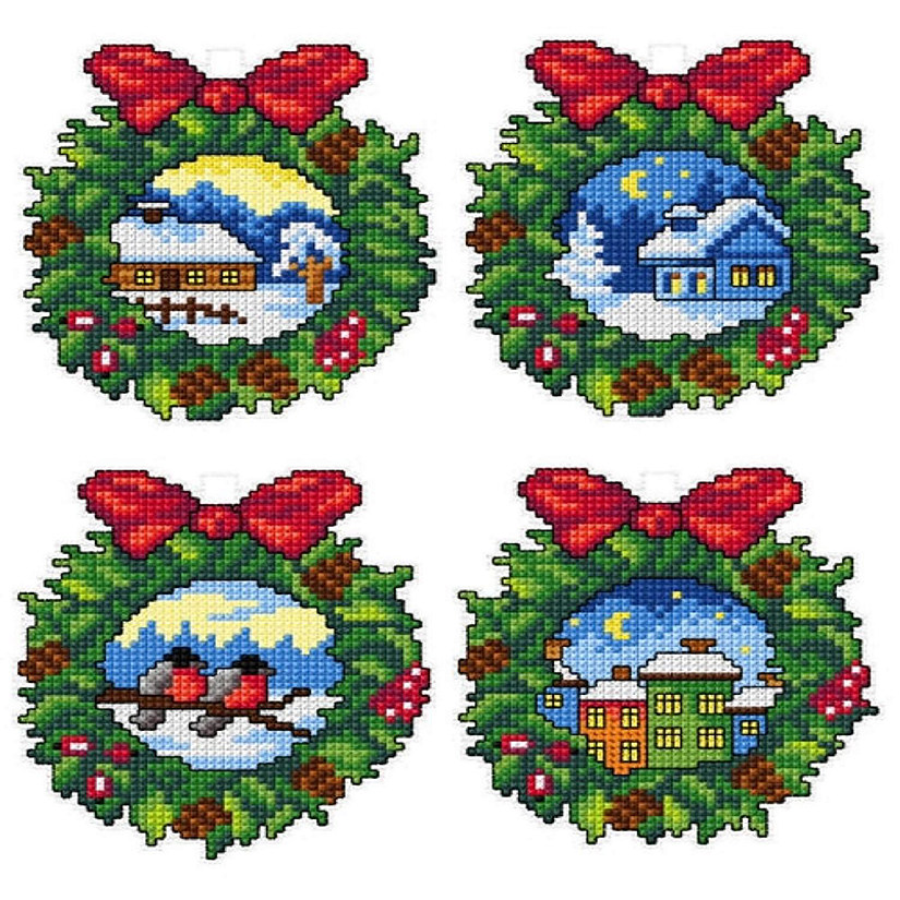 Crafting Spark (Wizardi) - Counted cross stitch kit with plastic canvas "Christmas wreaths" set of 4 designs 7670 Image