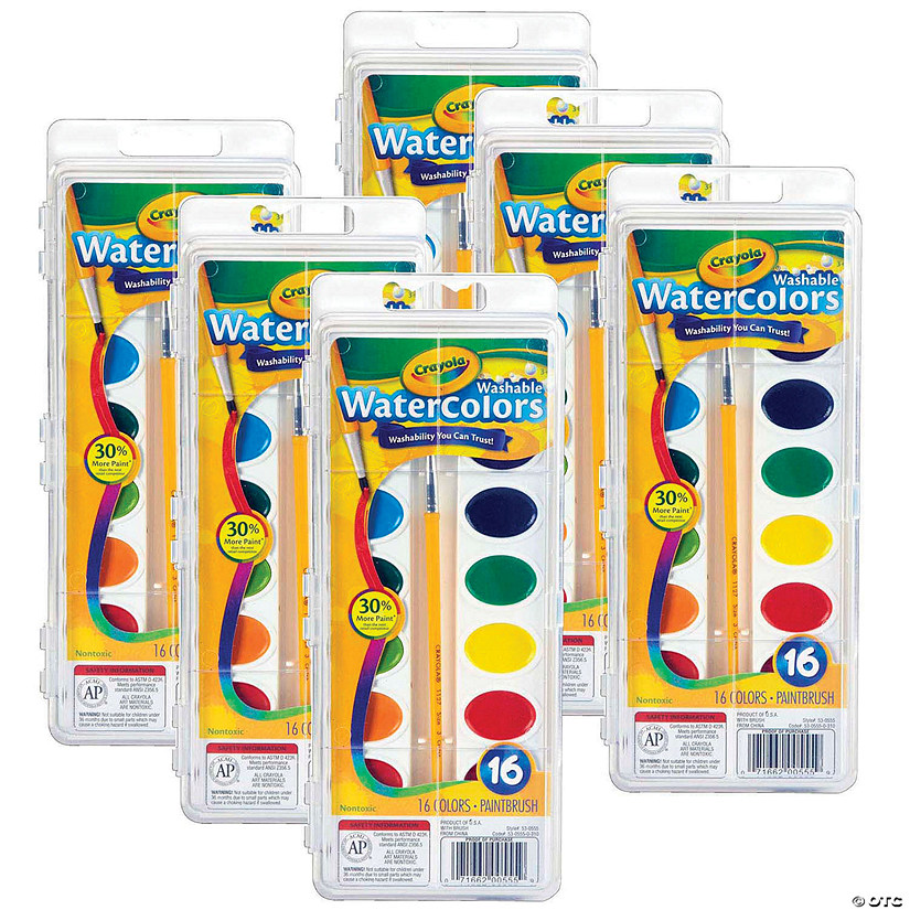 Crayola Washable Watercolors, 16 Semi-Moist Oval Pans & Brush, 6 Sets Image