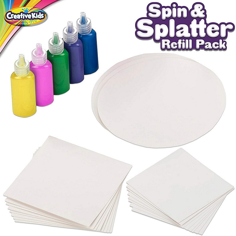 Creative Kids Spin & Paint Refill Pack - 8 x Large Cards - 8 x Small Cards - 4 x Round Cards - 5 Bottles of Colored Paint Image